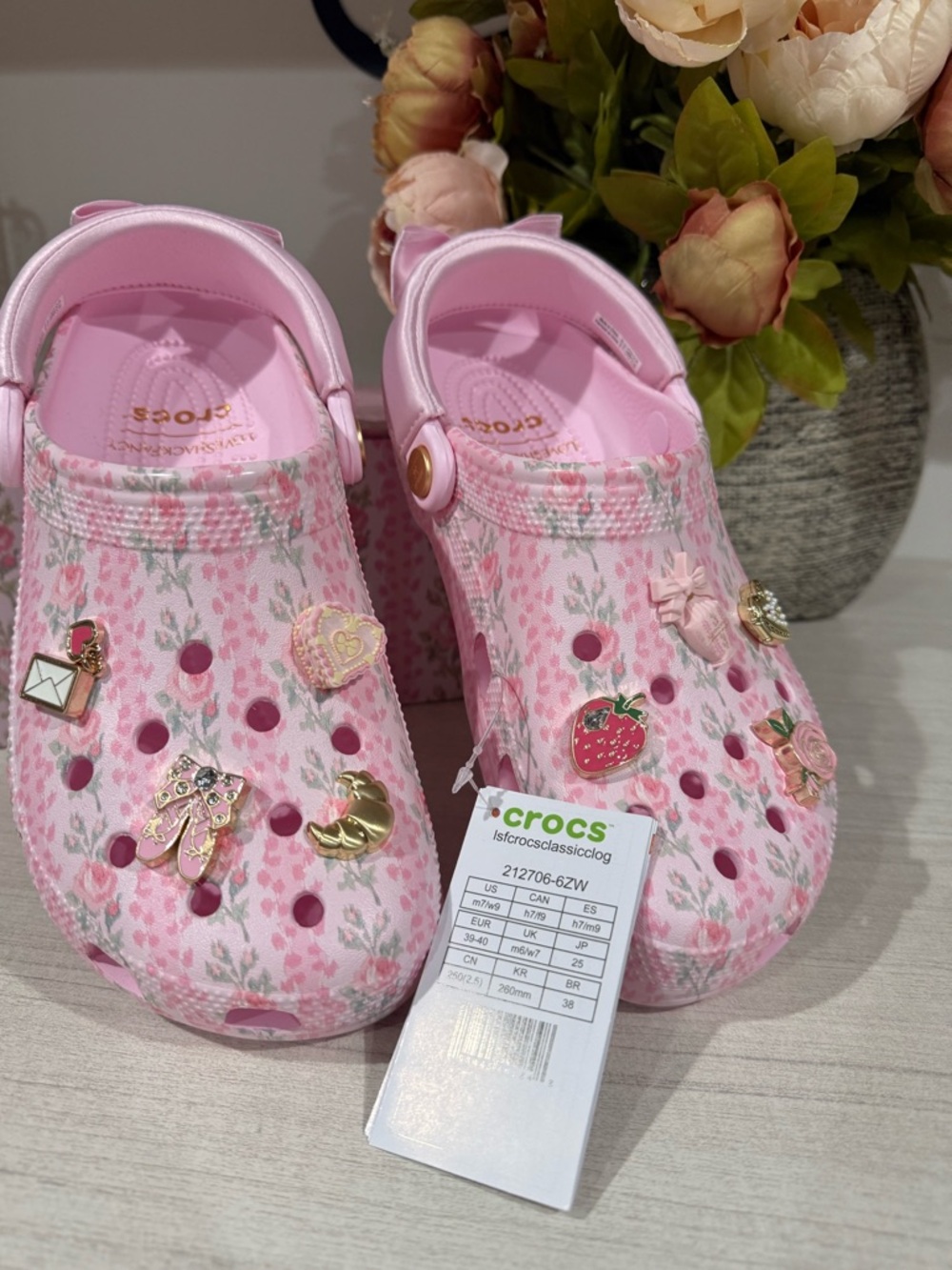 LoveShackFancy Pink Crocs with Gold Logo - Picture 2 of 6